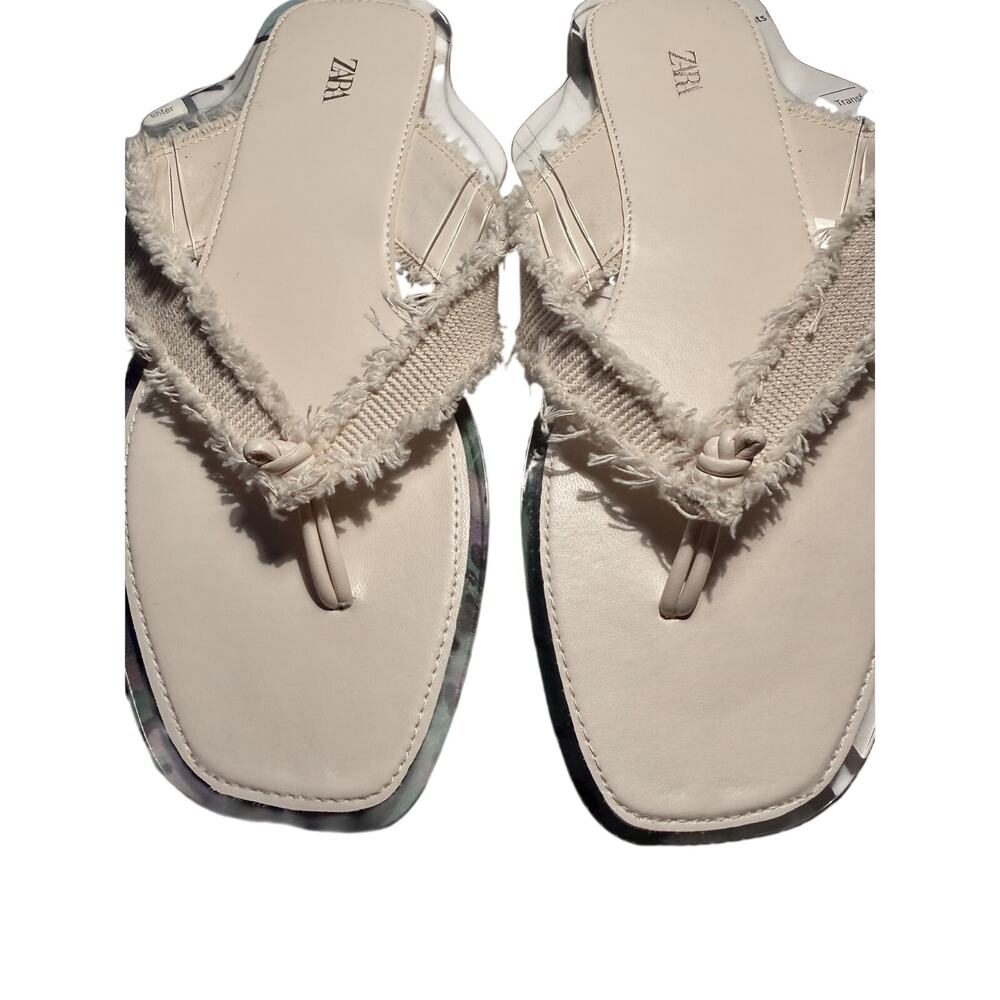 Zara Fringed Flat Thong Sandals Cream Ivory Women's Size 38 7 New without tags